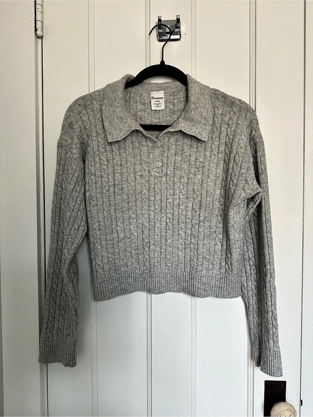 No Boundaries gray cable knit sweater with button up collar